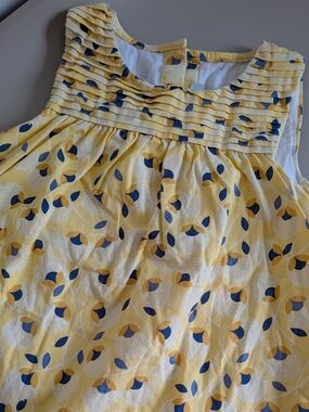 OBAIBi- 🇫🇷 -12M- Yellow Sleeveless Pleated Yoke Dress Blue & Mustard Leaf